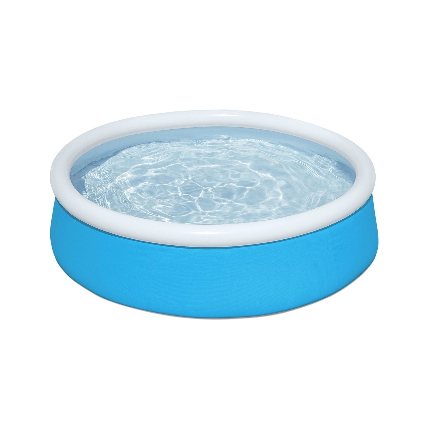 Una piscina redonda inflable con lados azules y borde blanco. La piscina está llena de agua.