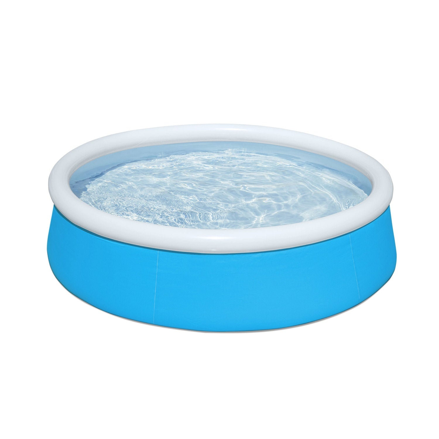 Una piscina redonda e inflable con lados azules y borde blanco. La piscina está llena de agua clara, reflejando la luz.