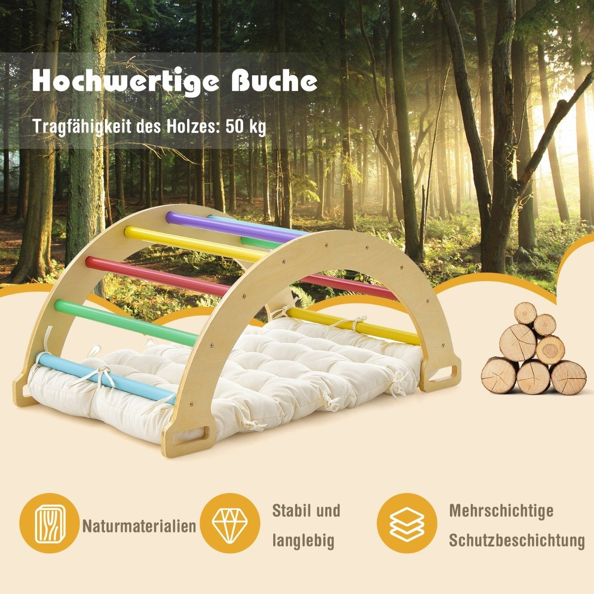 Arco de escalada de madera con barras de colores y colchón blanco. Fondo de bosque con luz solar. Texto: Hochwertige Buche.