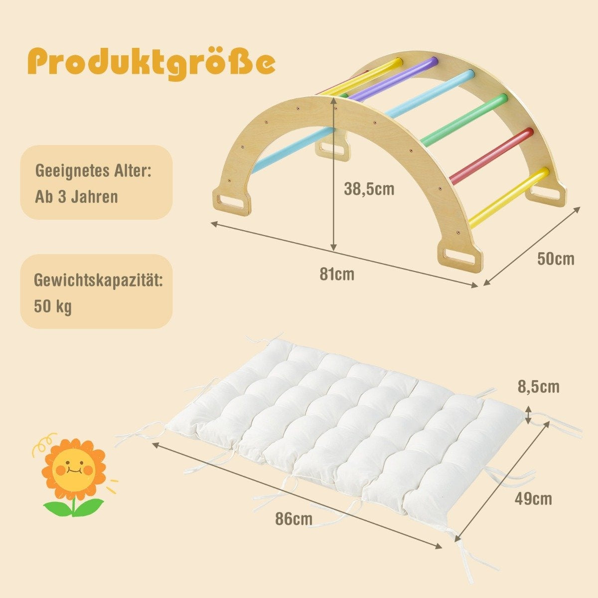 Un arco de escalada de madera con barras de colores y una colchoneta acolchada blanca. Texto indica edad y capacidad de peso.