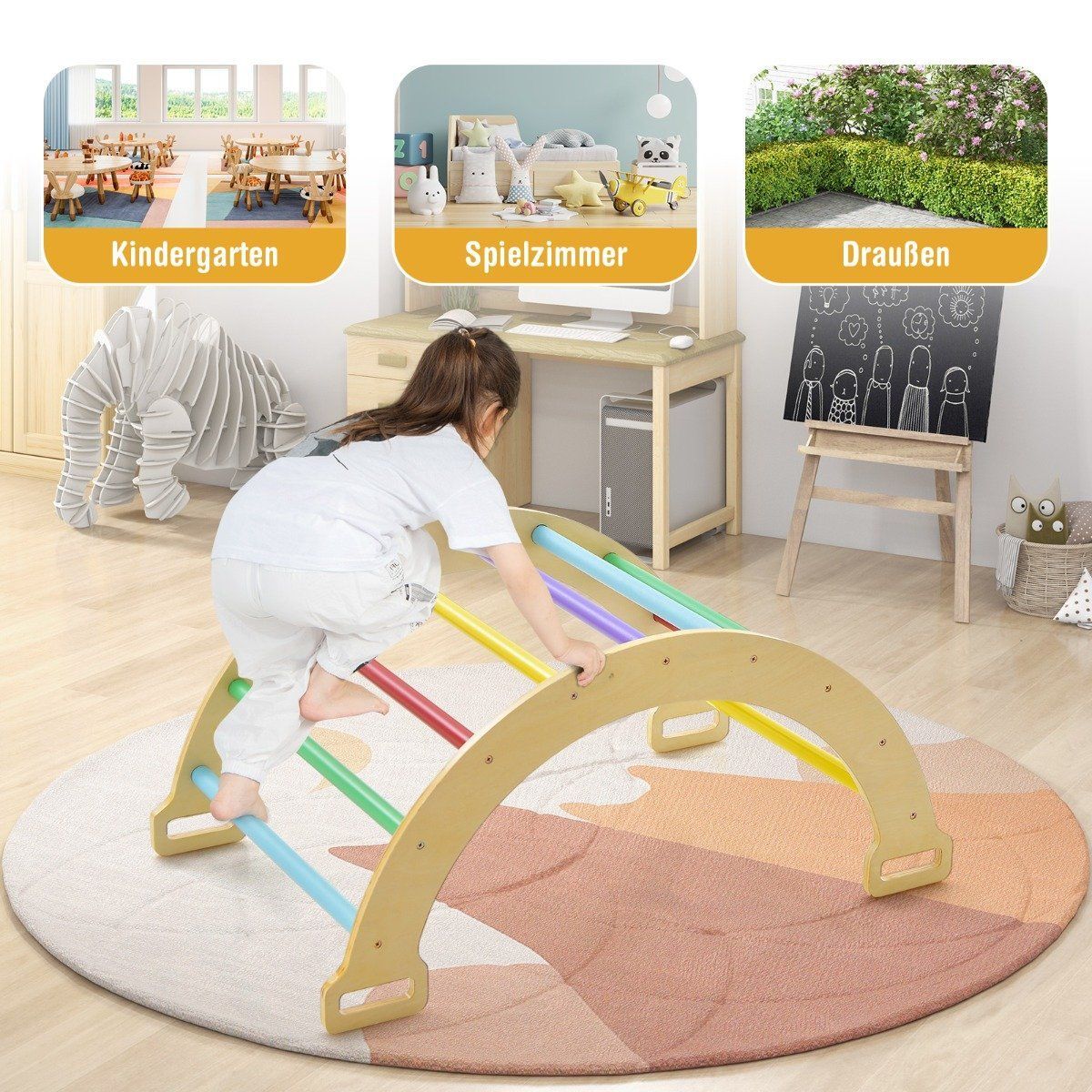 Una niña trepa un arco de madera con barras coloridas, sobre una alfombra redonda estampada. Fondo: pizarra y juguetes.