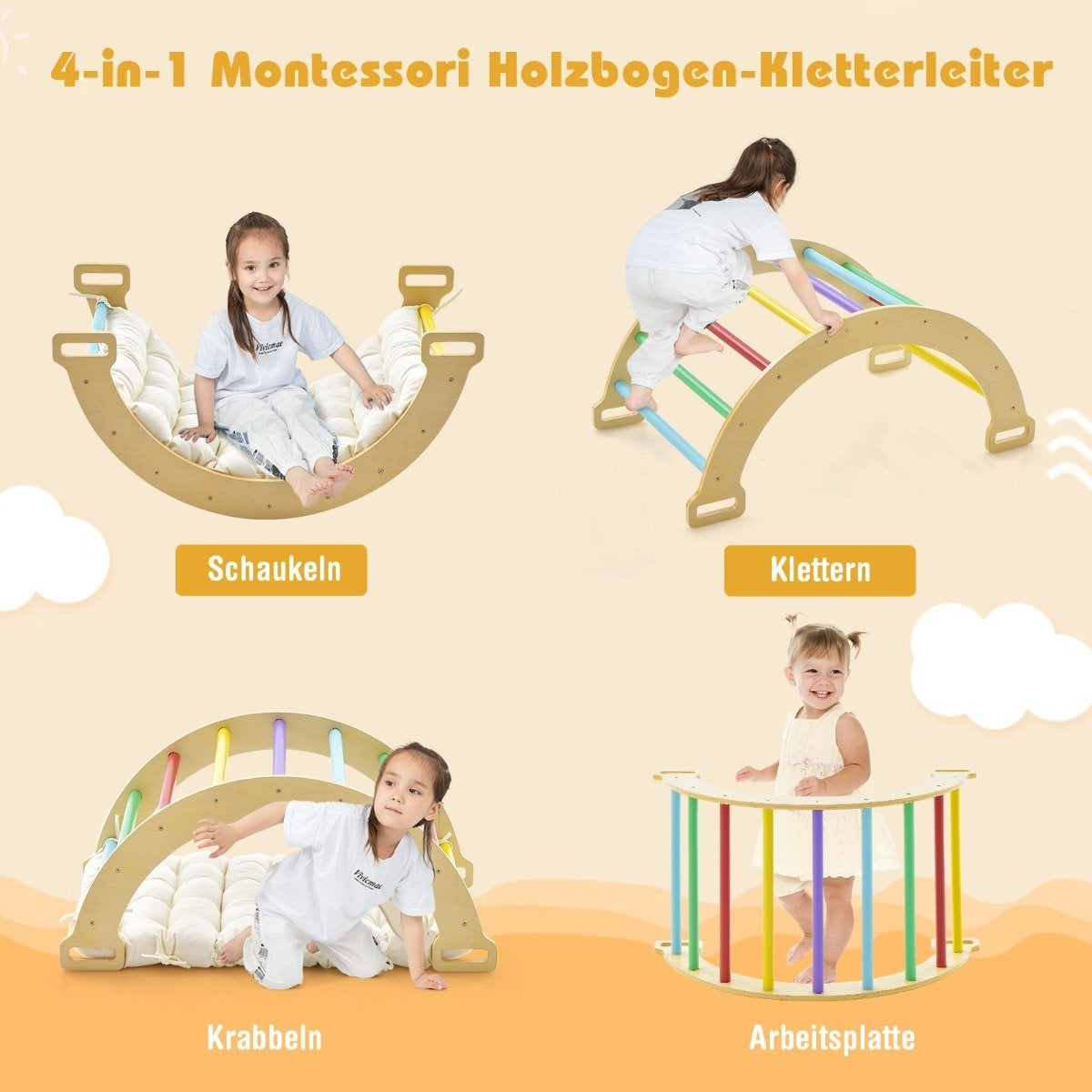 Un juego Montessori 4 en 1 con niños jugando en un arco de escalada de madera, balancín y plataforma. Incluye texto en alemán.