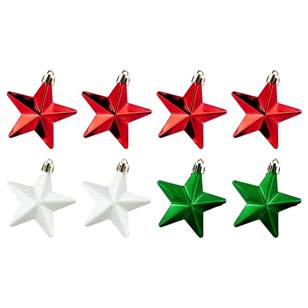 Ocho adornos navideños en forma de estrella. Cuatro rojos, dos blancos y dos verdes. Todos tienen lazos dorados.