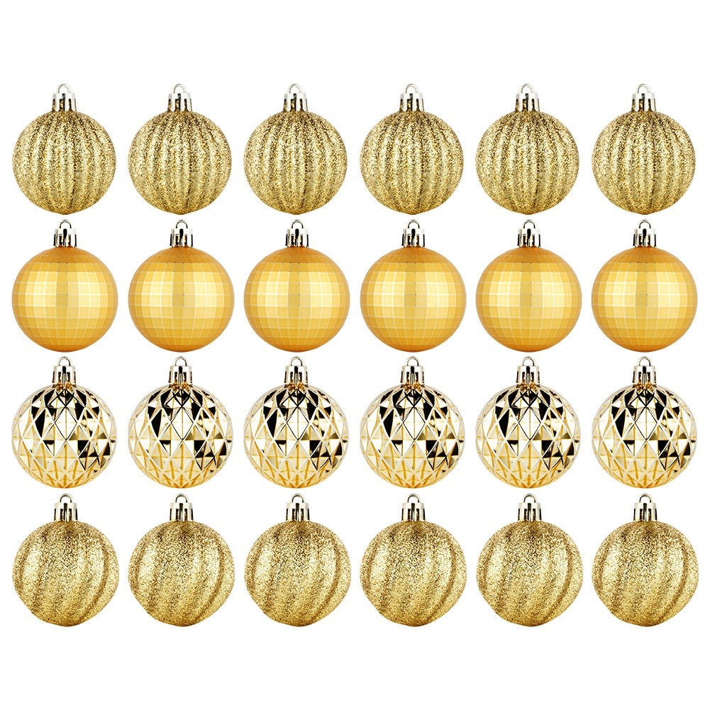 Una colección de 24 adornos navideños dorados, dispuestos en cuatro filas de seis. Los adornos varían en textura: purpurina, acanalado y geométrico.