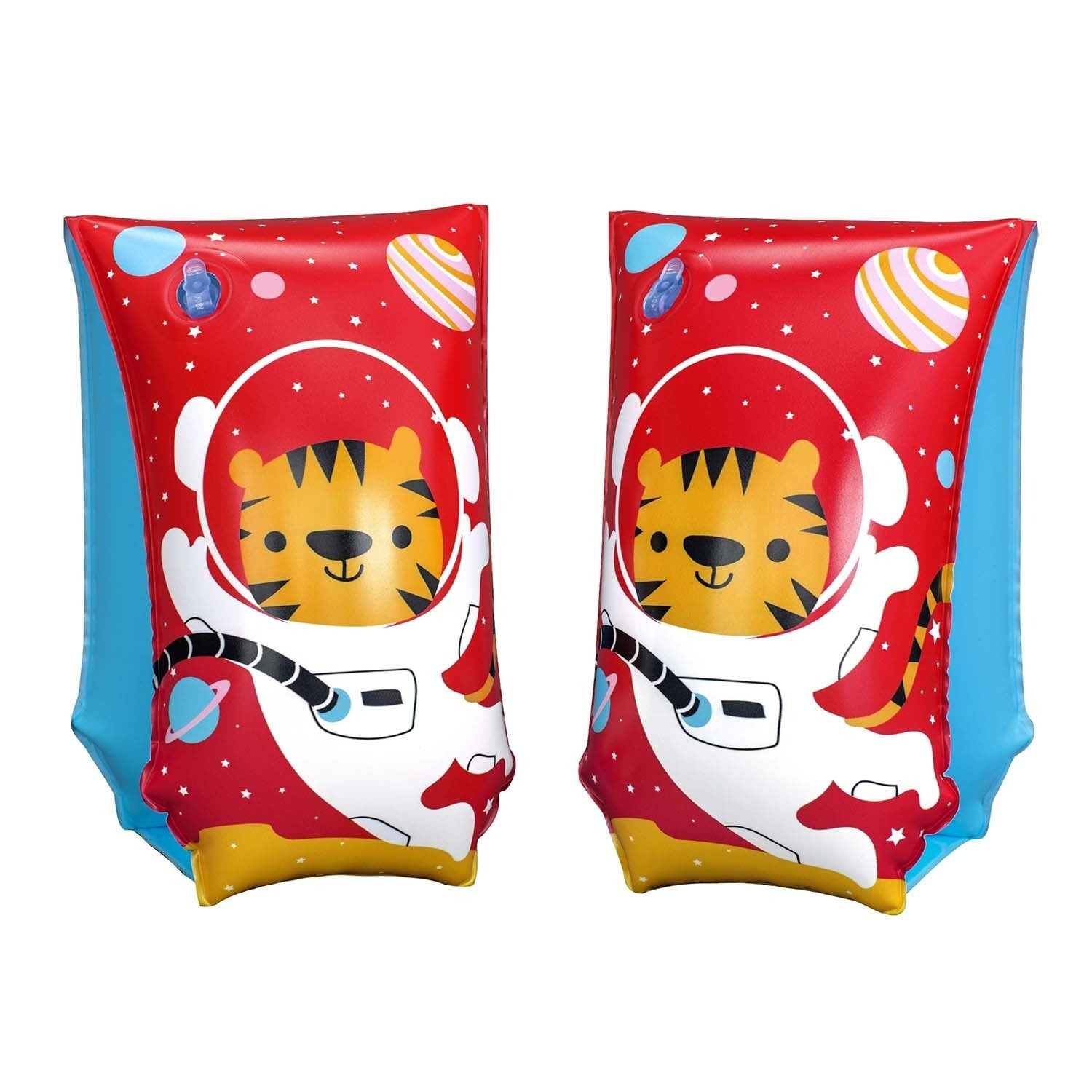 Dos manguitos inflables. Cada uno presenta un tigre con traje de astronauta sobre un fondo espacial rojo con estrellas y planetas.