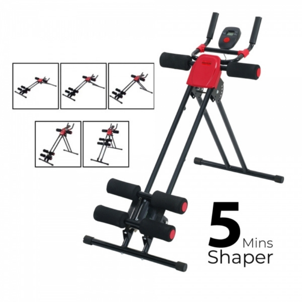 Siyah ve kırmızı bir karın kası makinesi, dijital ekran ve diyagramlarla. Metin '5 Mins Shaper' yazıyor.