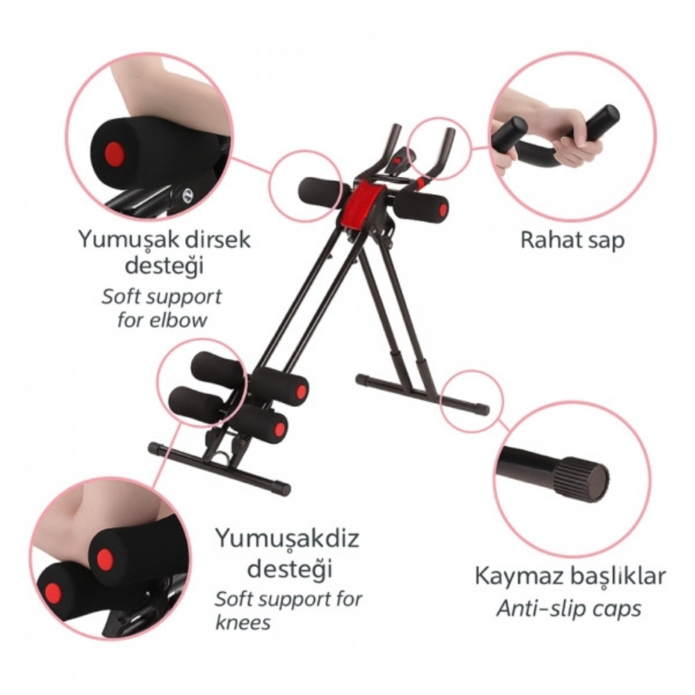 Dirsek ve dizler için yumuşak destekler, tutma kolları ve kaymaz kapaklara sahip bir egzersiz makinesi, hepsi siyah ve kırmızı.