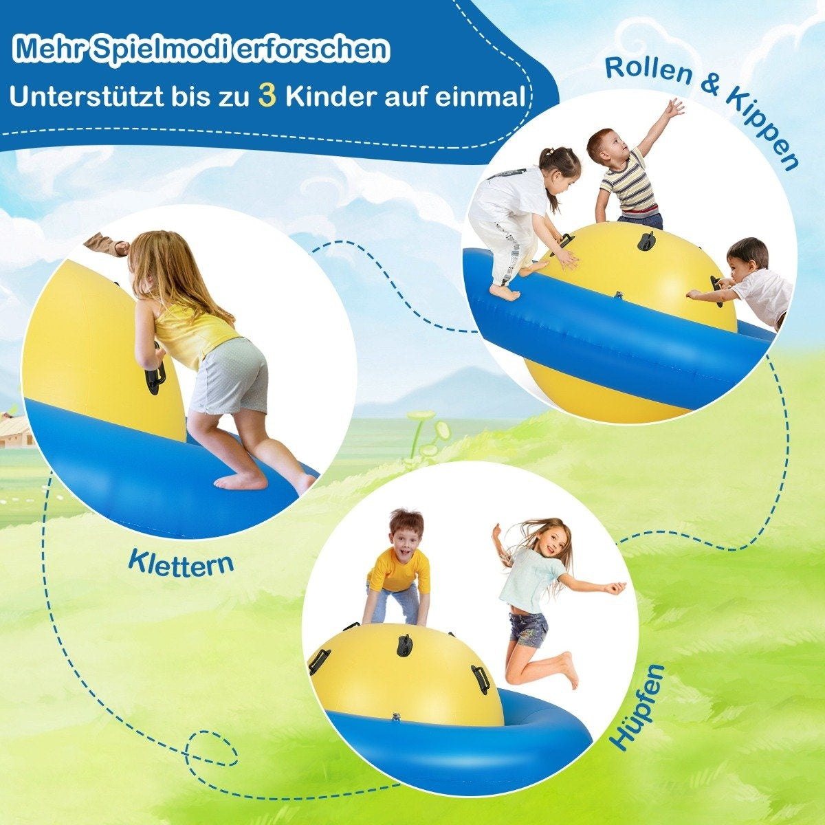 Estructura inflable para jugar con niños trepando, rodando y saltando. El texto dice 'Escalada', 'Rodar y Volcar' y 'Saltar'.