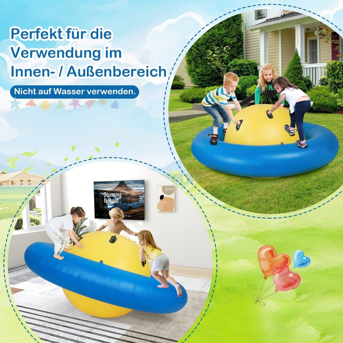 Niños jugando en un juguete inflable. El juguete es amarillo y azul. La escena es en interiores o exteriores.