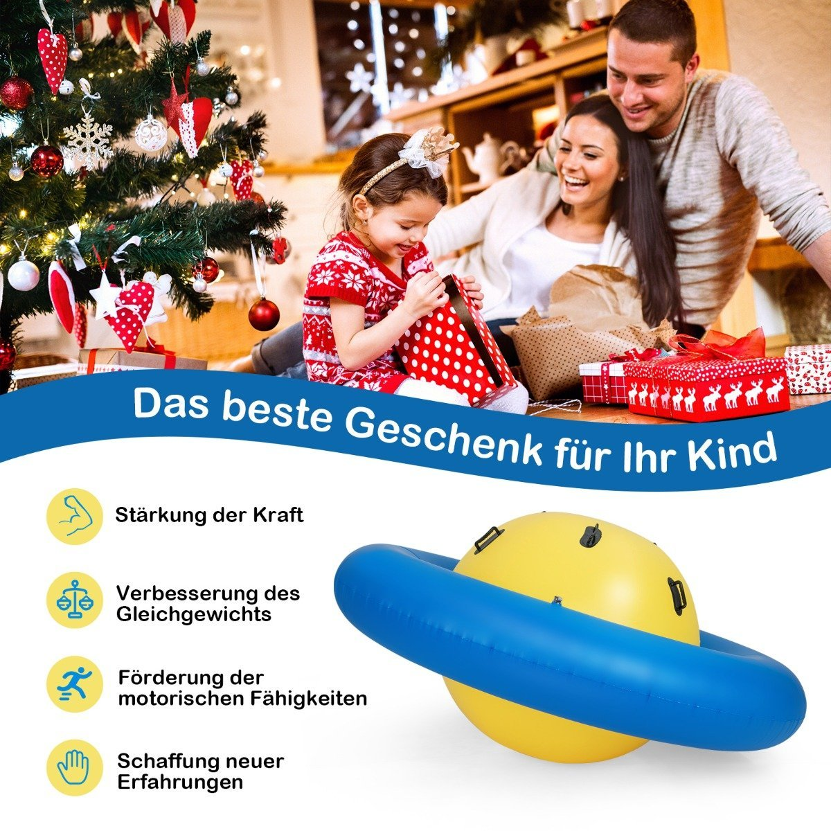 Una familia reunida alrededor de un árbol de Navidad. Una niña abre un regalo. La imagen promociona un juguete que se asemeja a un planeta amarillo con un anillo azul.