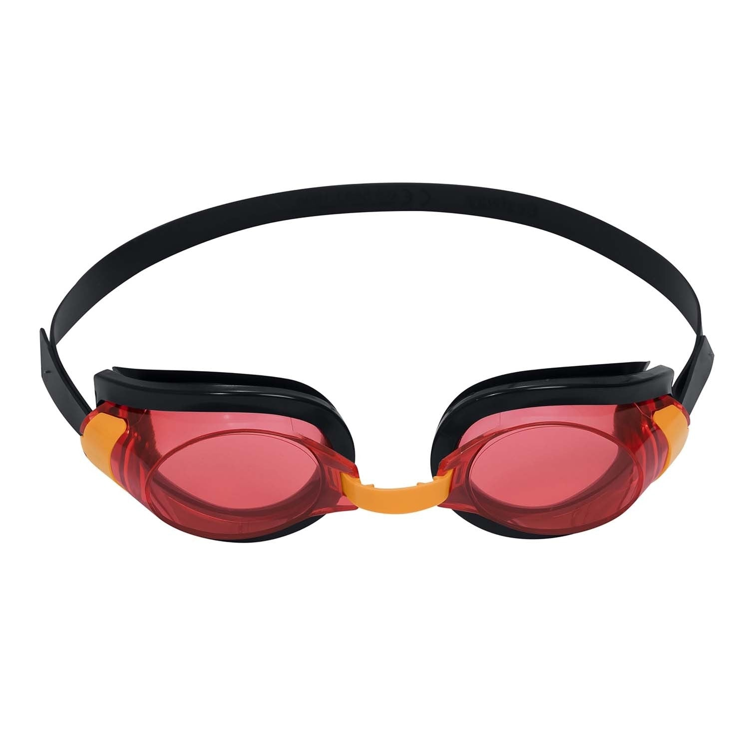Gafas de natación con lentes rojas, montura negra y correa negra. Conectores naranjas visibles. Aisladas sobre blanco.