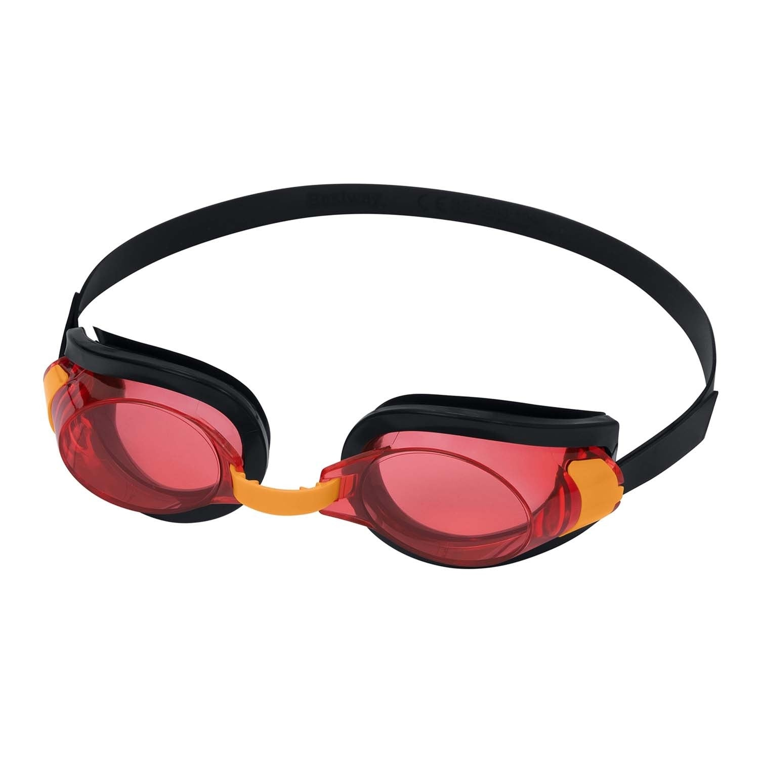 Gafas de natación con lentes rojas, montura y correa negras y conectores naranjas.