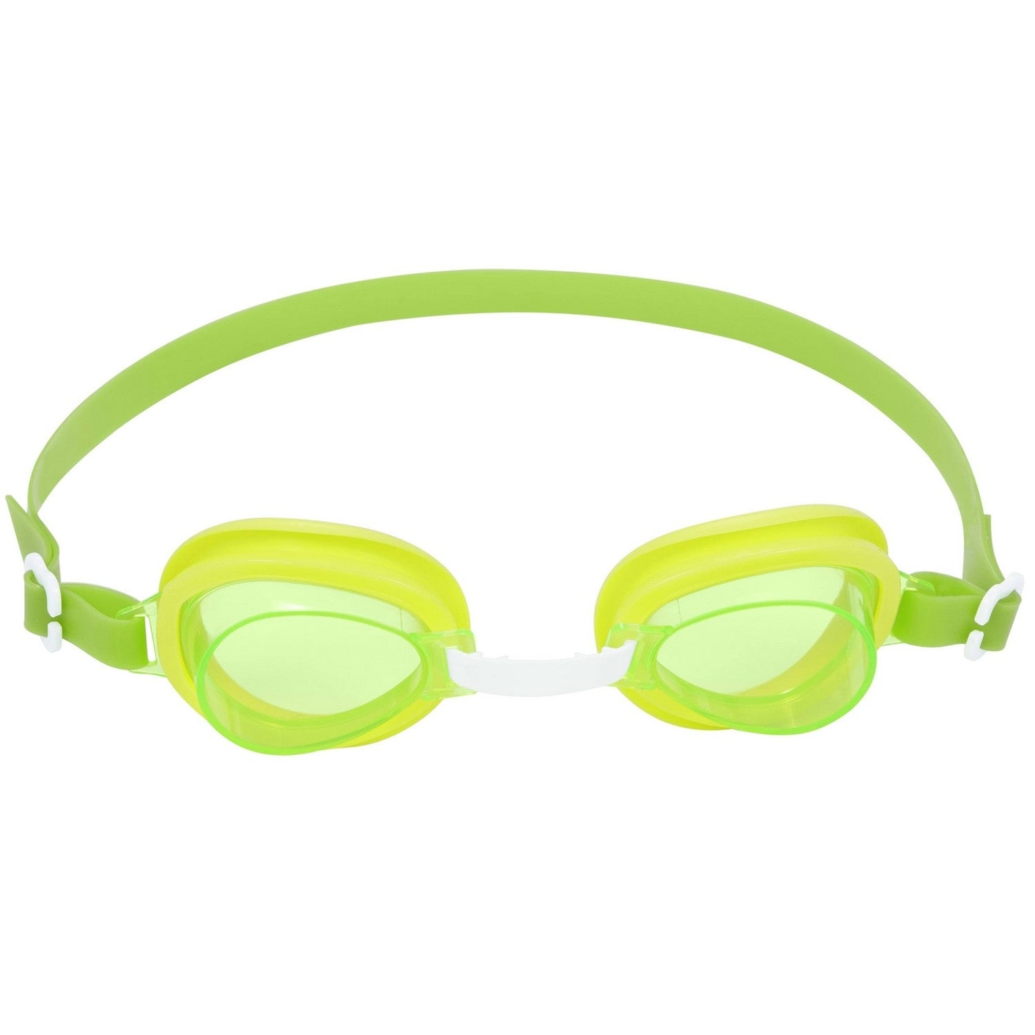 Gafas de natación con lentes amarillas, montura y correa verdes y puente nasal blanco. Aisladas sobre fondo blanco.