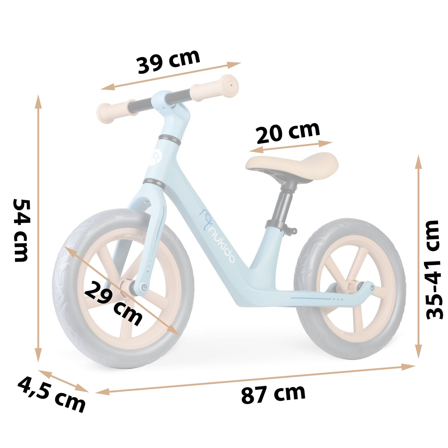 Una bicicleta de equilibrio azul claro con neumáticos, asiento y manijas beiges, con dimensiones indicadas en cm. La bicicleta está sobre un fondo blanco.