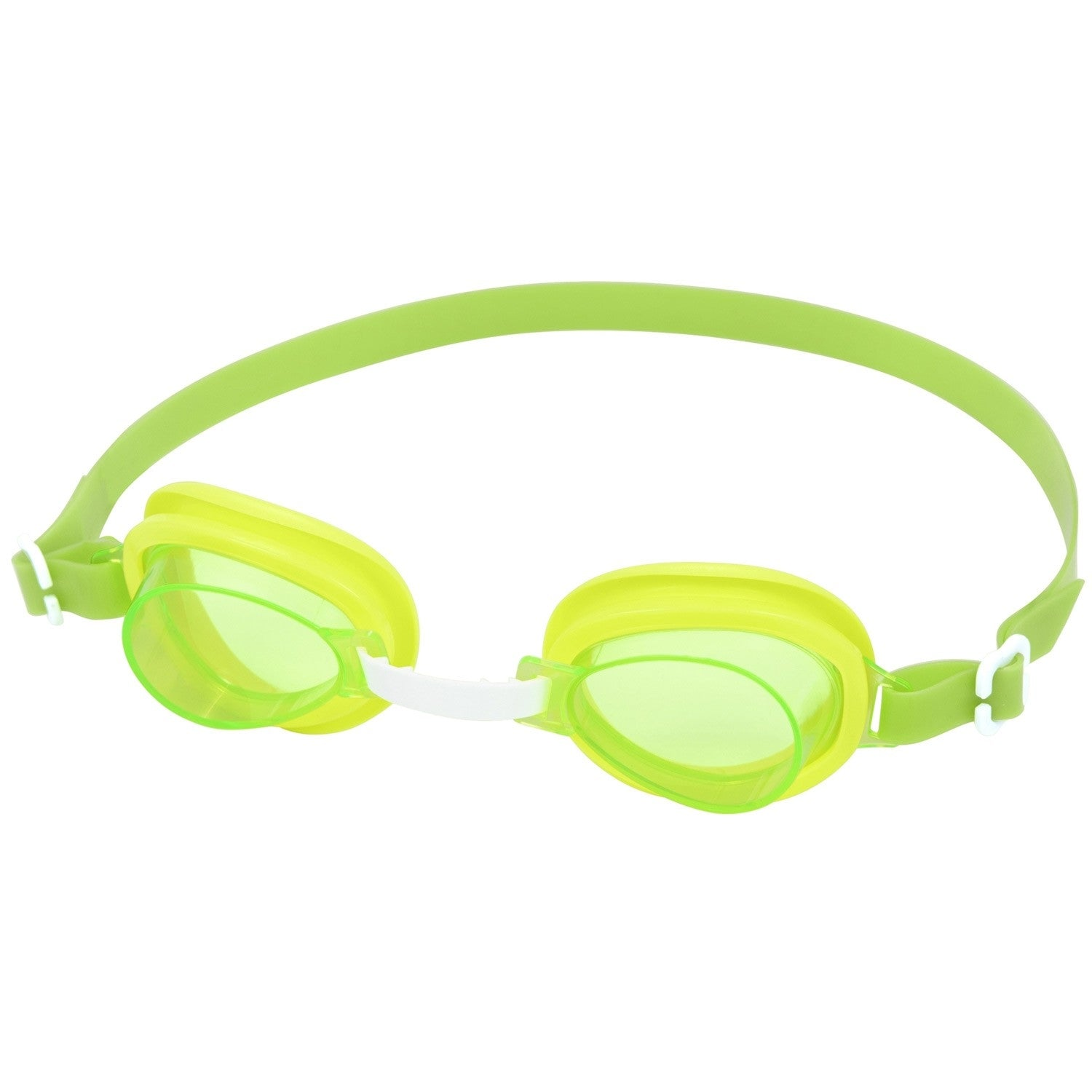 Gafas de natación verdes y amarillas sobre fondo blanco. Las gafas tienen una correa verde y lentes amarillas. El fondo es blanco.