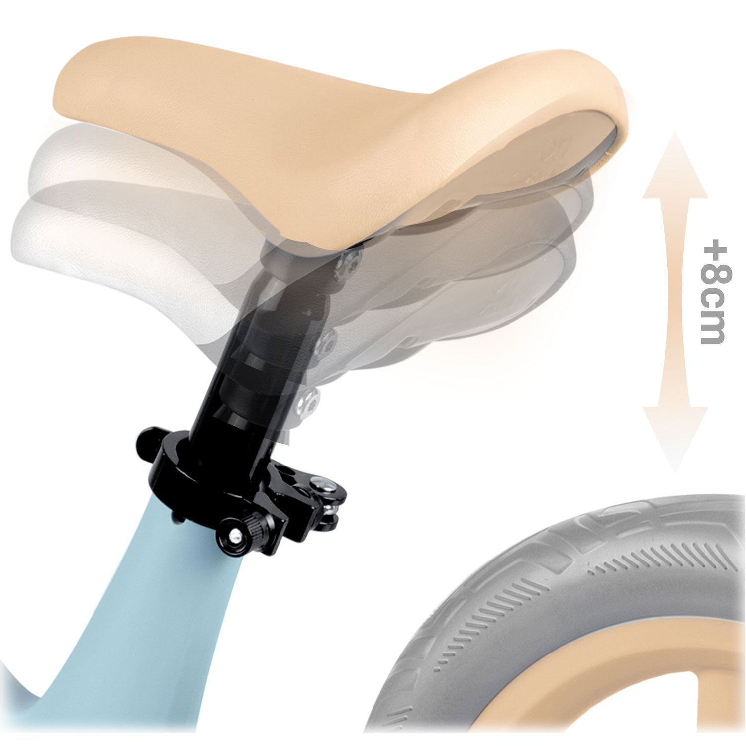 Asiento de bicicleta con altura ajustable, sillín beige, poste negro, marco azul claro y una rueda. Una flecha indica ajuste de +8 cm.