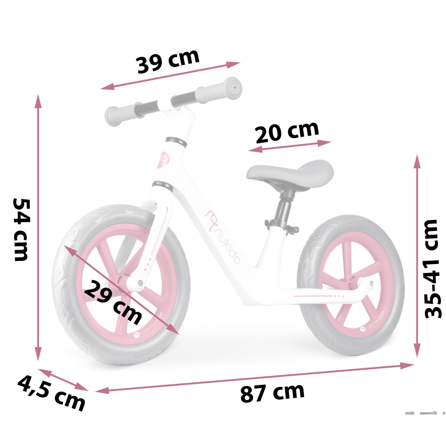 Bicicleta de equilibrio blanca y rosa con dimensiones etiquetadas. Incluye medidas de altura, ancho y tamaño de rueda.
