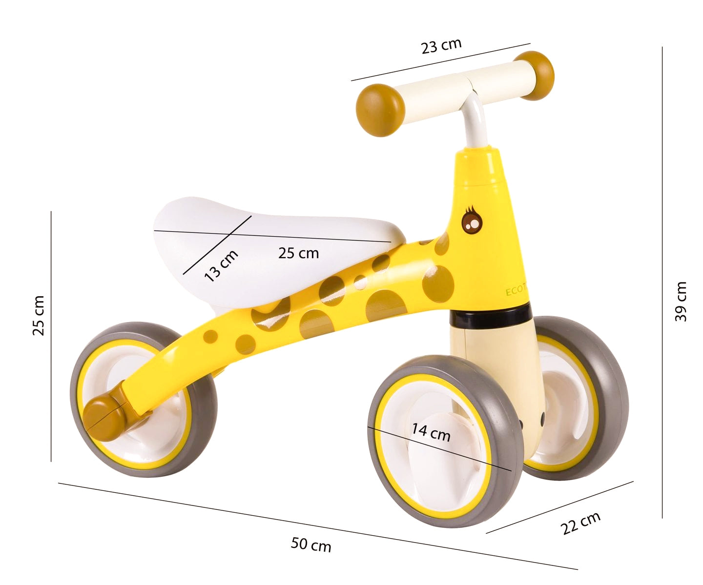 Bicicleta de equilibrio con diseño de jirafa amarilla y blanca con dimensiones: 50cm largo, 39cm alto, 22cm ancho y 23cm manillar.