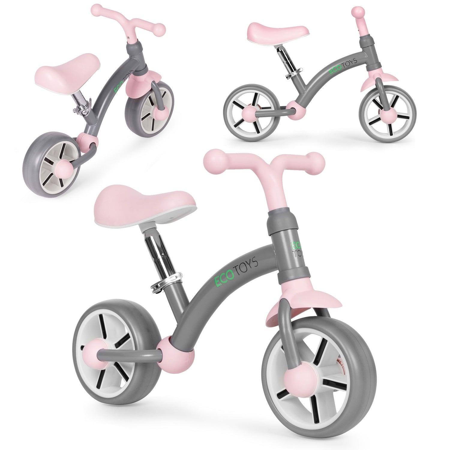 Se muestran tres bicicletas de equilibrio rosas y grises. Cada una presenta un asiento, manillar y detalles rosas, con cuadros y ruedas grises.
