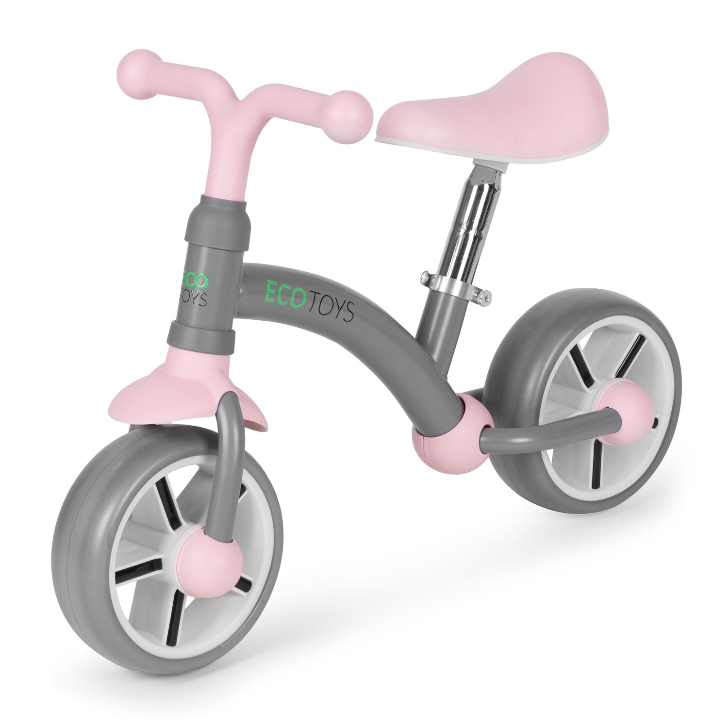 Una bicicleta de equilibrio rosa y gris para niños pequeños. Tiene manillar, asiento y acentos rosas en las ruedas. La marca es ECO TOYS.