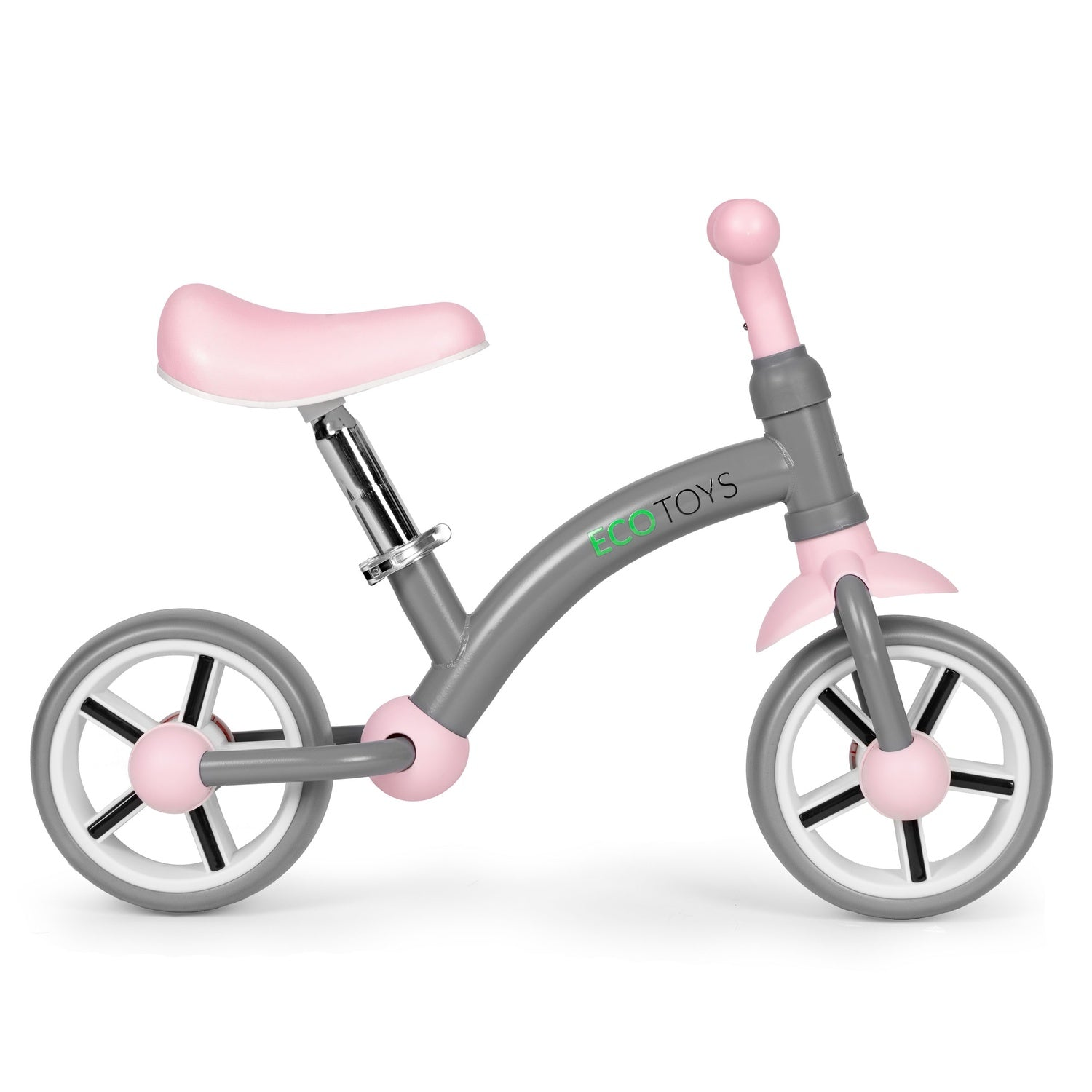 Una bicicleta de equilibrio gris y rosa. Tiene asiento, ruedas y detalles rosas. El cuadro es gris. Se ve la marca 'ECO TOYS'.