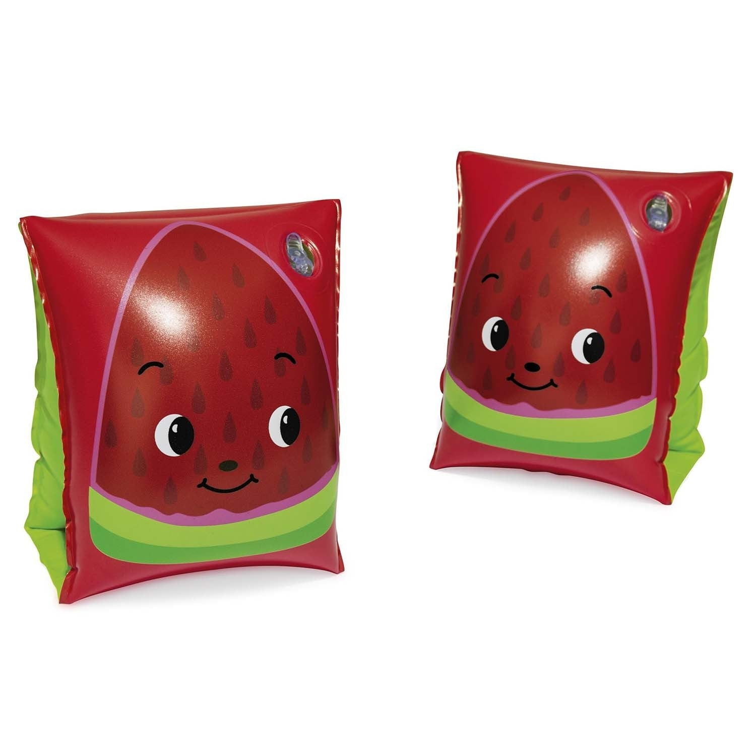 Dos flotadores de brazo rojos con diseño de sandía, con acentos verdes y rosas. Cada uno tiene una cara sonriente y están sobre fondo blanco.