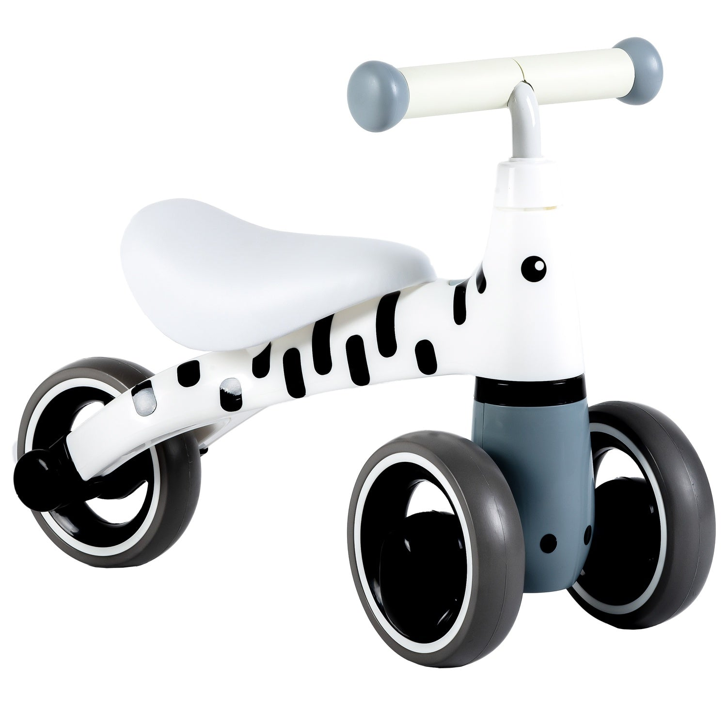 Una bici senza pedali a tema zebra bianca e grigia. Presenta un sellino, un manubrio e un telaio bianchi con macchie nere e due ruote.