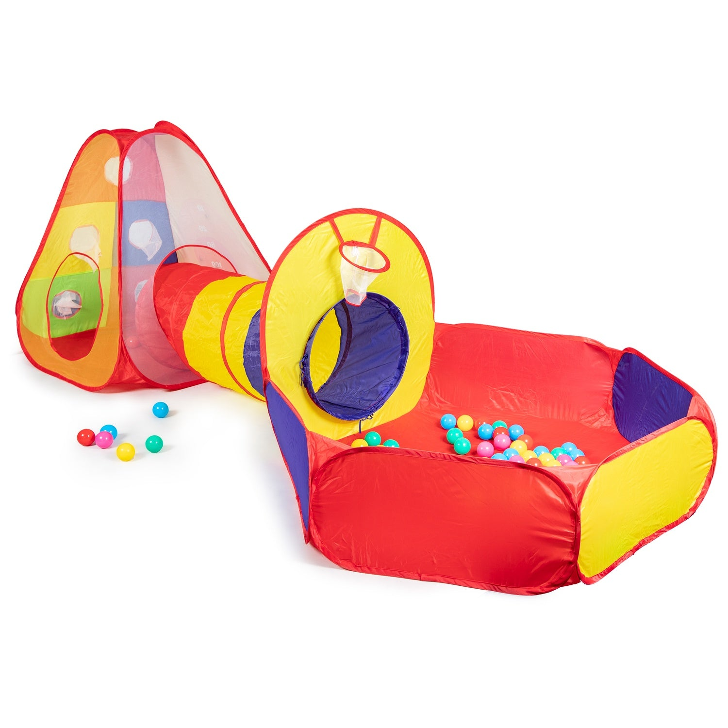 Un set da gioco colorato per bambini. Include una tenda, un tunnel e una piscina di palline. Diverse palline colorate sono sparse intorno.