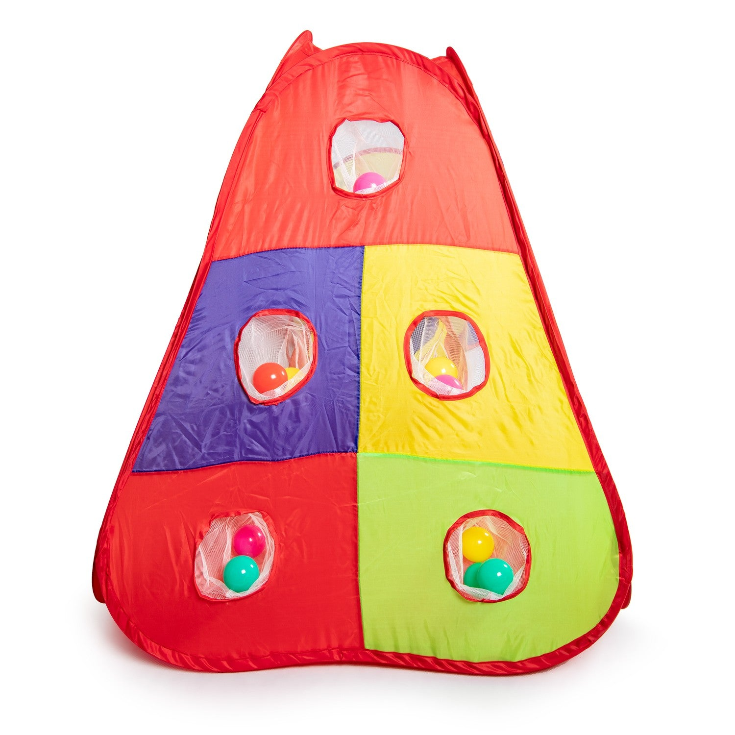 Una tenda gioco colorata con più finestre. Pannelli rossi, viola, gialli e verdi. Palline visibili attraverso le finestre.