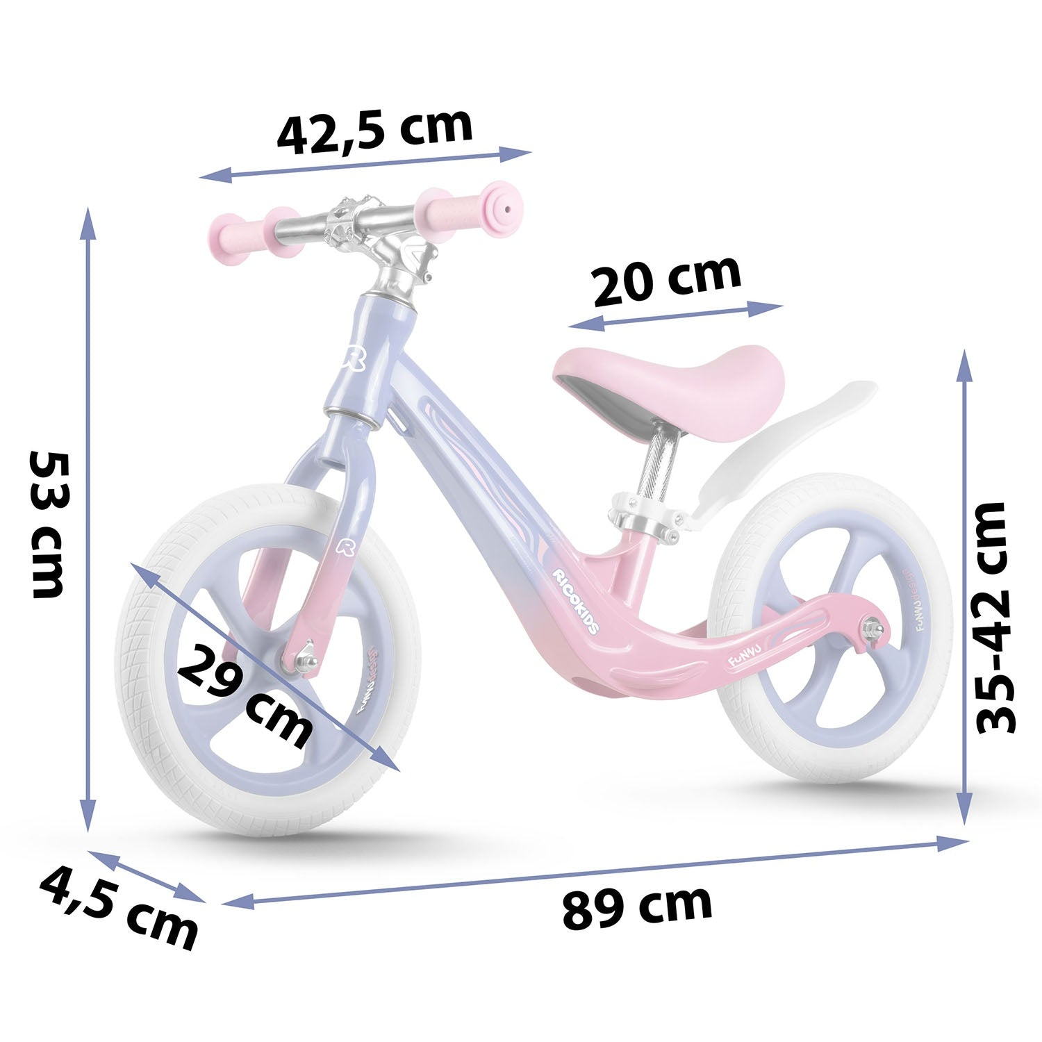 Una bicicleta de equilibrio rosa y azul con dimensiones etiquetadas. La bicicleta tiene llantas blancas y un asiento rosa. Las medidas están en centímetros.