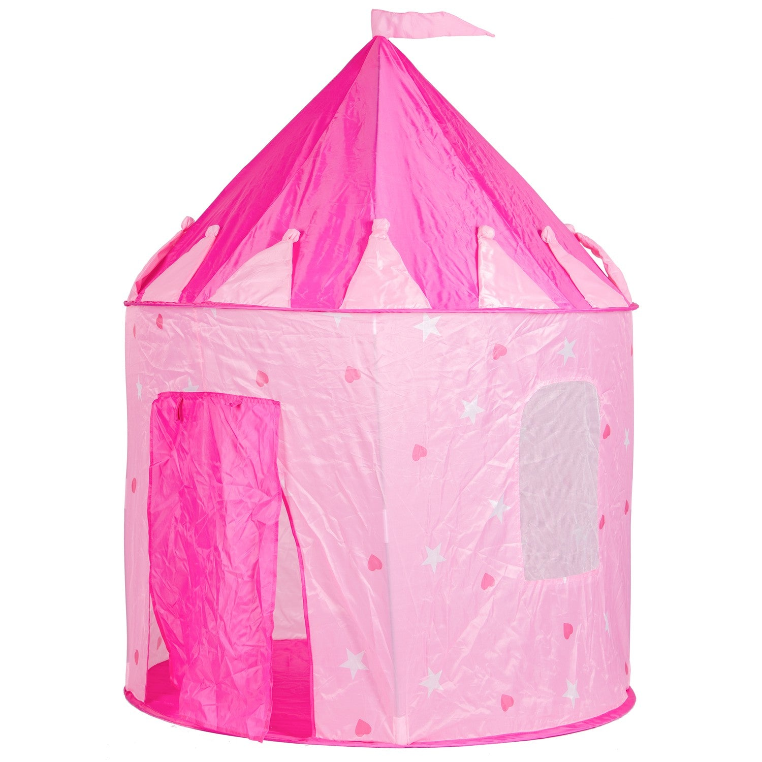 Una carpa castillo rosa de princesa con una bandera en la parte superior, una puerta y una ventana. Tiene patrones de corazón y estrella.