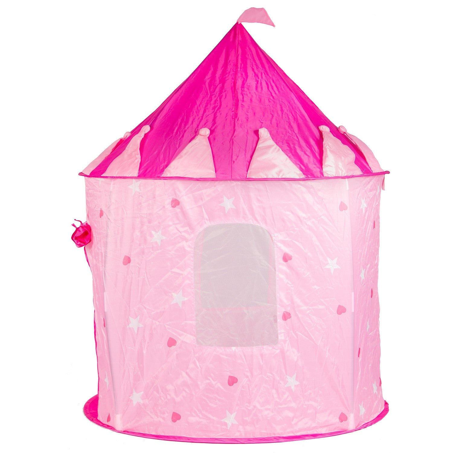 Tienda de princesa rosa con patrones de estrellas y corazones. Tiene un techo cónico con bandera, ventana y base redonda.