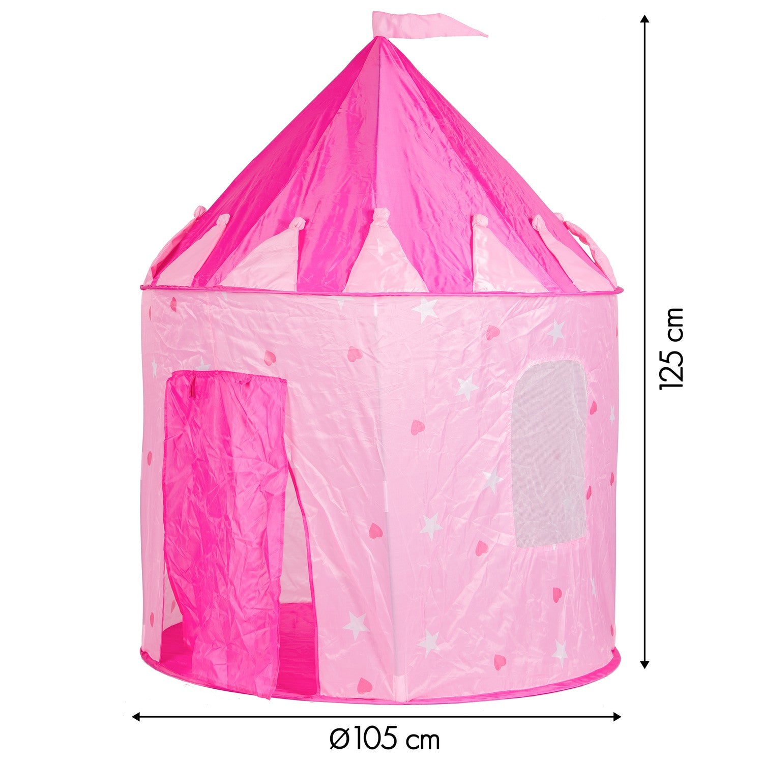 Una tienda de juegos rosa con forma de castillo. Tiene un techo en forma de cono, una puerta y una ventana. Dimensiones: 125 cm de alto y 105 cm de diámetro.