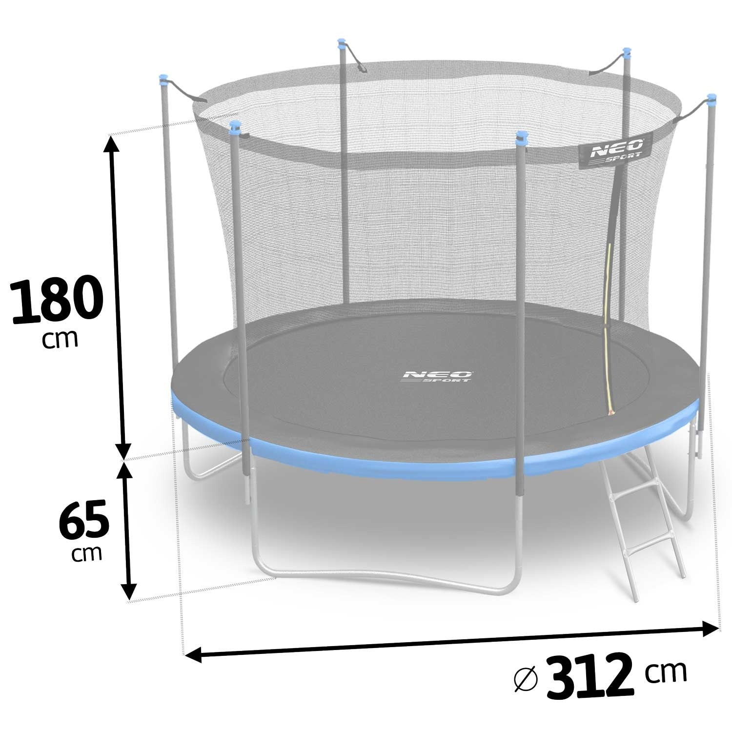 Un trampolín con red de seguridad, detalles azules y dimensiones: 180cm alto, 65cm base y 312cm diámetro.