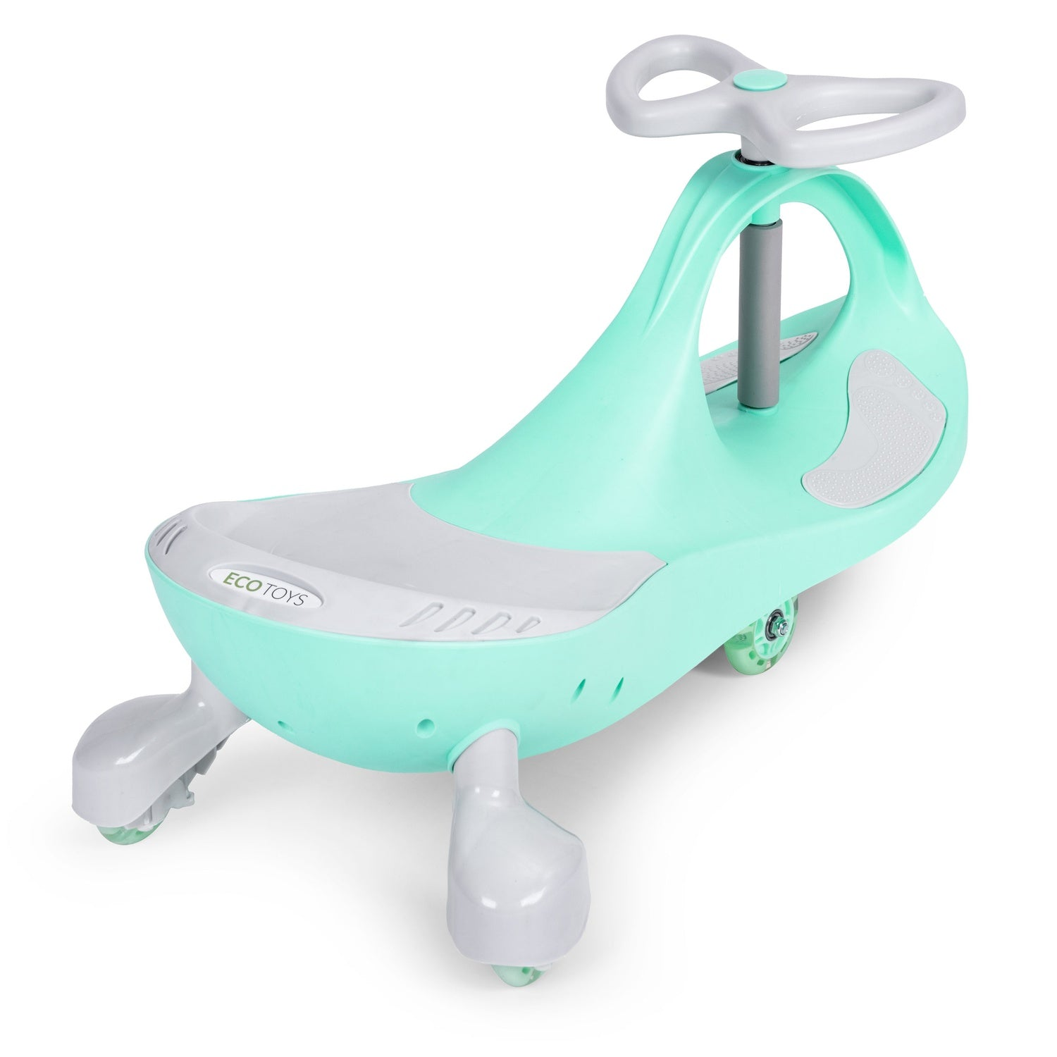 Un juguete infantil de color verde menta con detalles grises. Tiene volante, asiento y ruedas. El fondo es blanco.