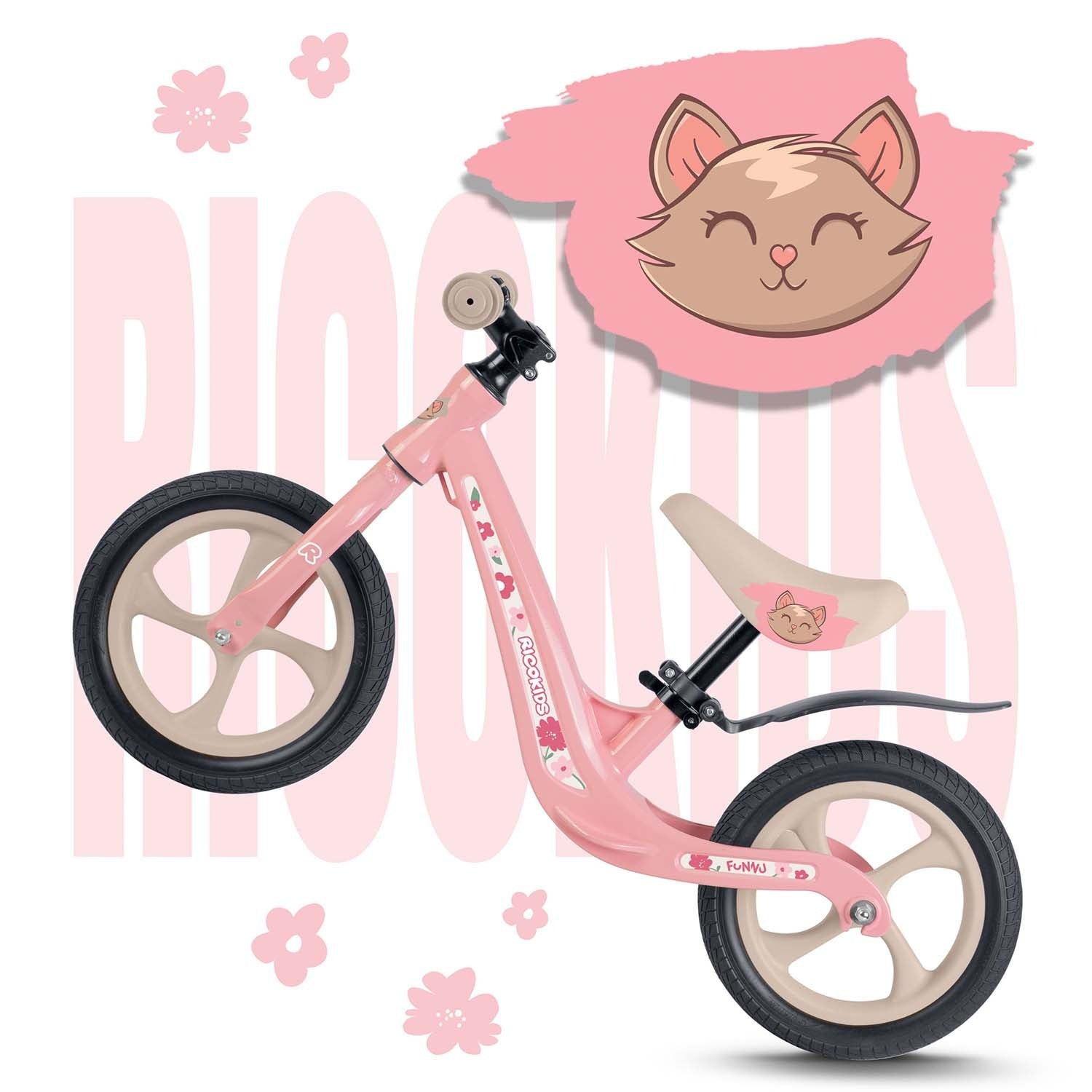 Bicicleta de equilibrio rosa con ruedas y asiento beige. Un gráfico de cara de gato está en el asiento y en un bocadillo. Hay gráficos de flores rosas.
