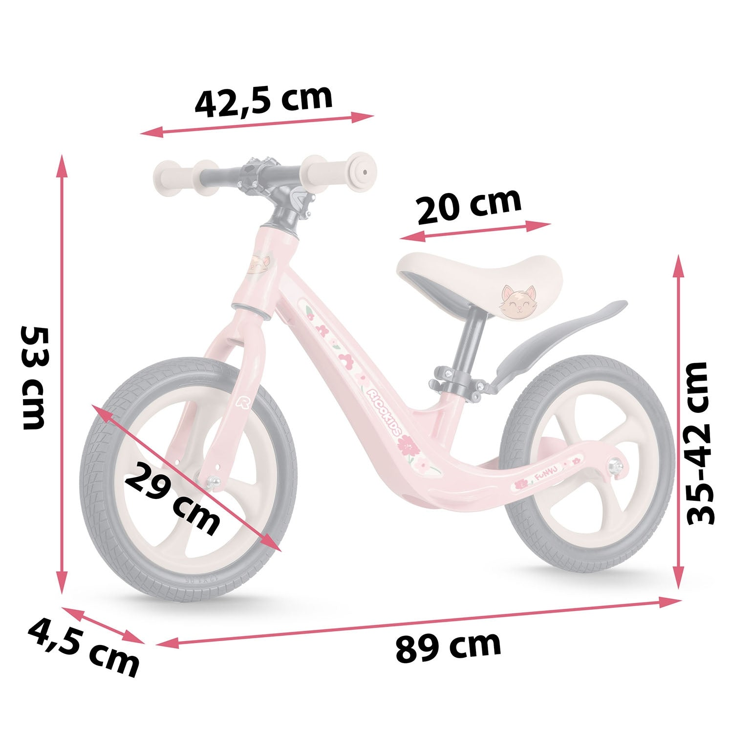 Una bicicleta de equilibrio rosa con dimensiones. La bicicleta tiene un asiento, manillar y ruedas. Las medidas están en centímetros.