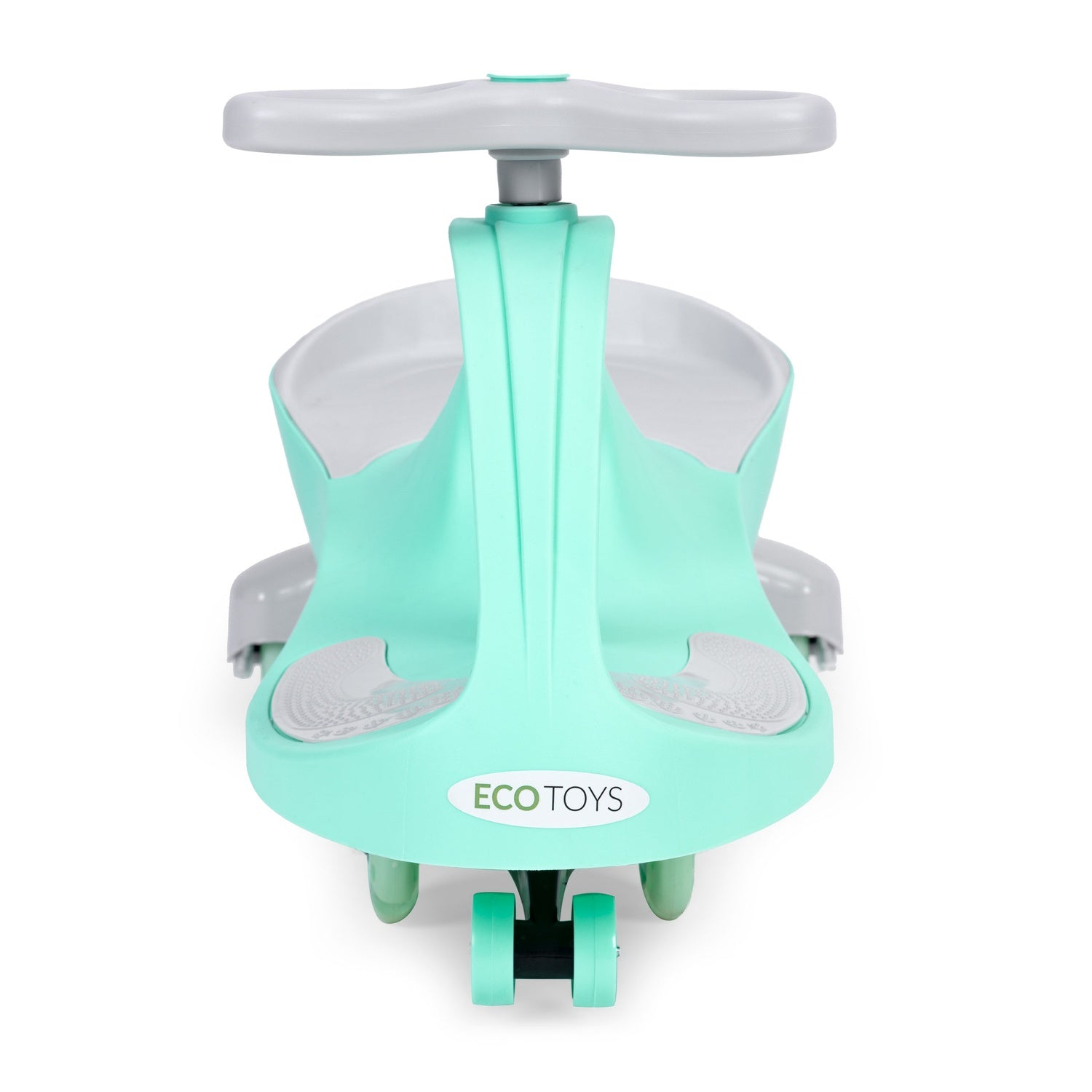Un juguete correpasillos Eco Toys verde y gris. Tiene volante, asiento, reposapiés y ruedas. El fondo es blanco.