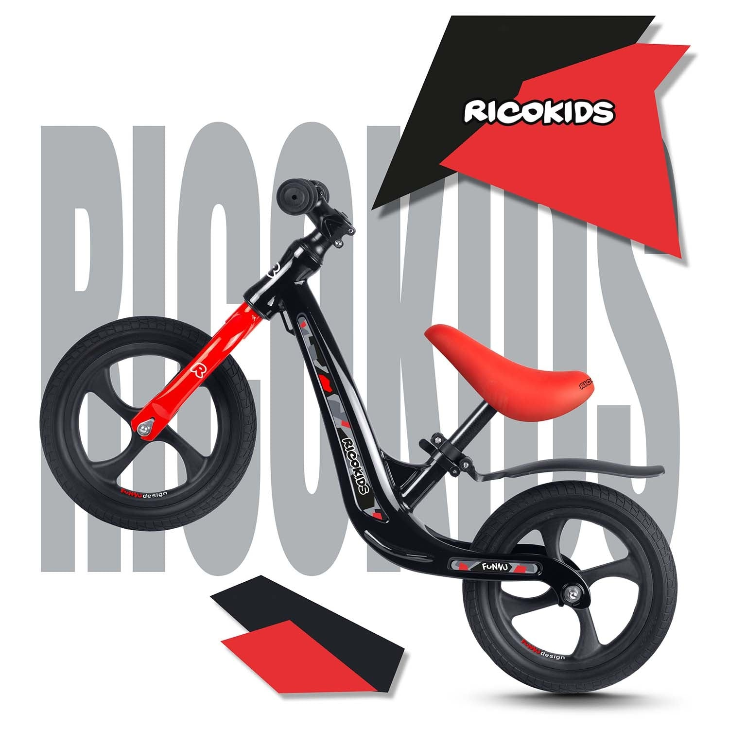 Una bicicleta de equilibrio negra y roja con el texto 'RICOKIDS' y 'FUNNY'. La bicicleta tiene un asiento rojo y detalles rojos.