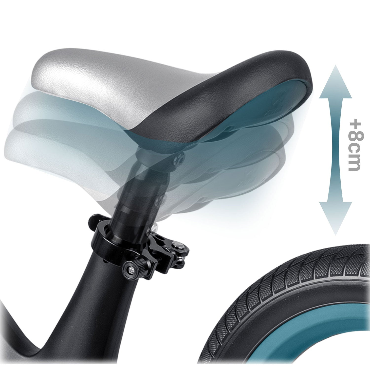 Un asiento de bicicleta se ajusta hacia arriba. La imagen muestra el asiento, un neumático y una flecha que indica un ajuste de 8 cm.