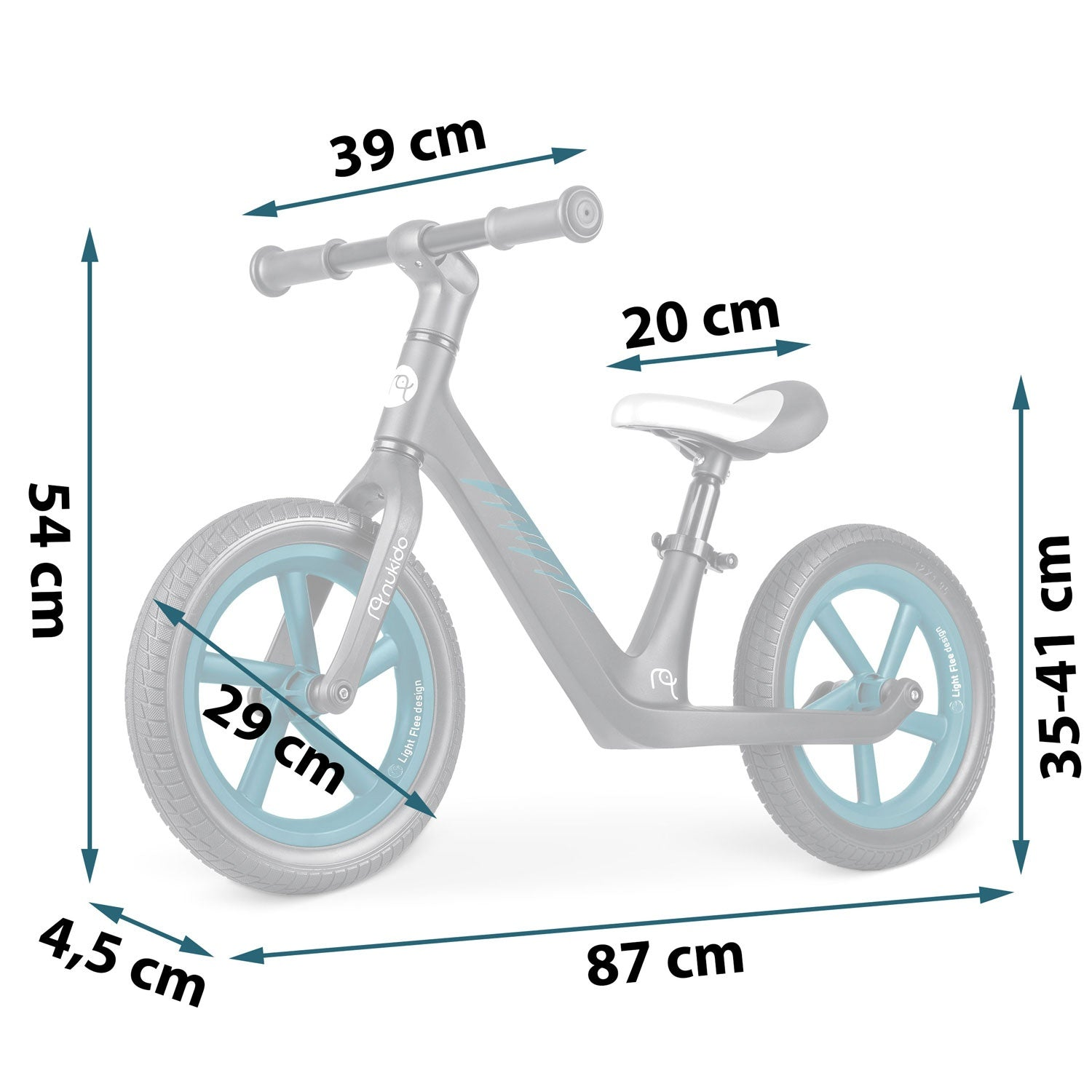 Una bicicleta de equilibrio gris y azul con dimensiones en cm. La bicicleta tiene un asiento blanco y manillares negros. Las medidas resaltan el tamaño.