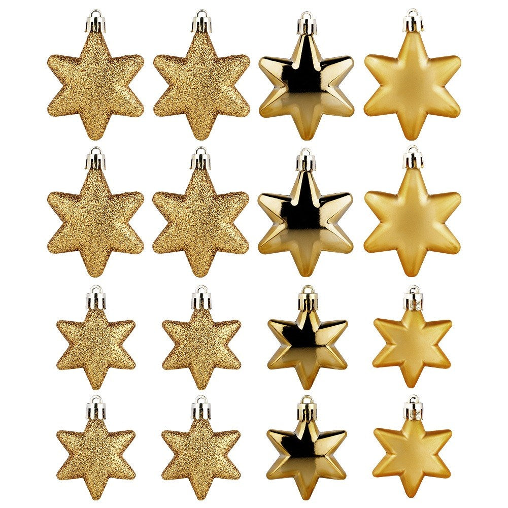 Die imagen muestra dieciséis adornos dorados con forma de estrella. Algunos tienen purpurina, otros son brillantes y otros son mate.