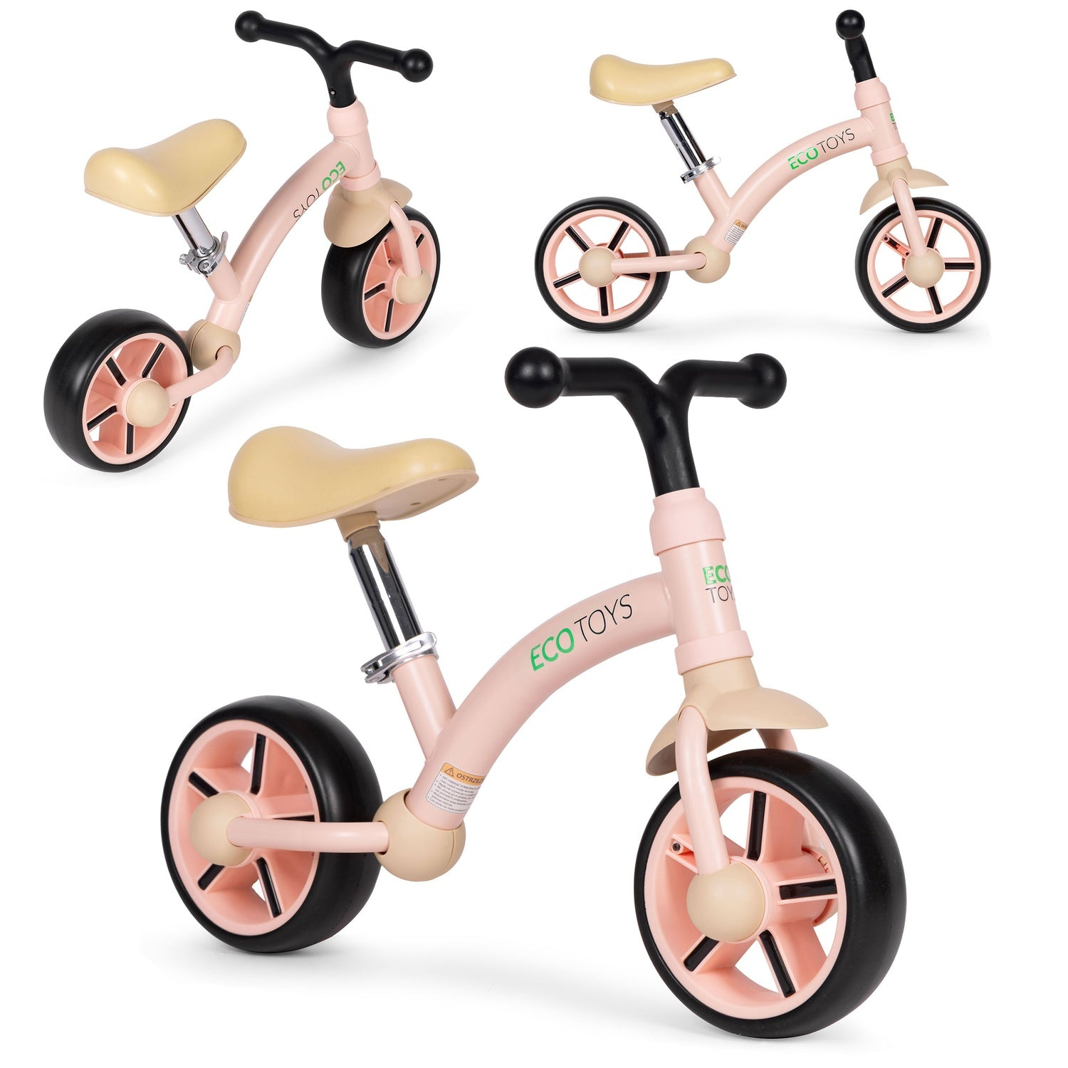 Tres bicicletas de equilibrio rosas con llantas y manillares negros se exhiben sobre un fondo blanco. Cada bicicleta tiene asientos beige.