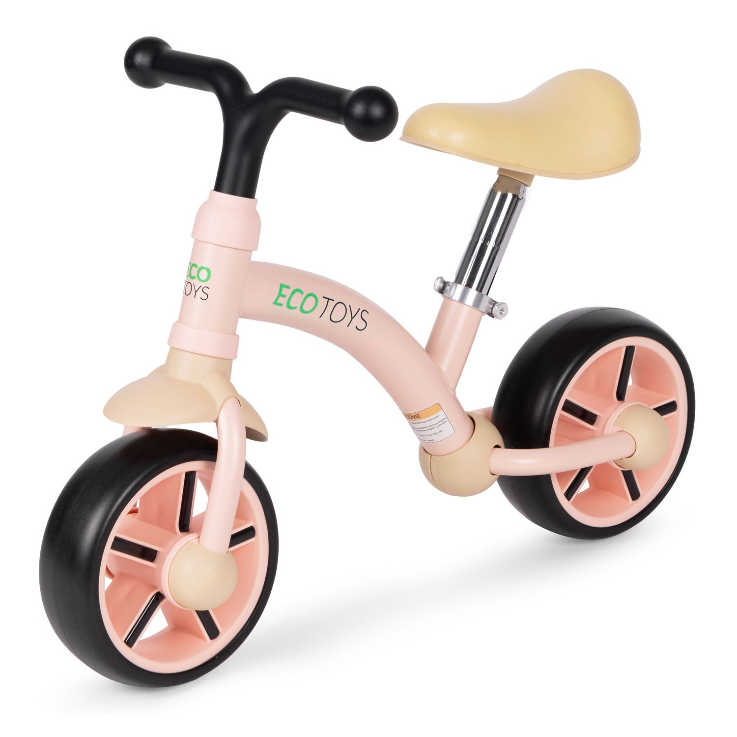 Una bicicleta de equilibrio rosa con neumáticos y manillar negros. El asiento es beige. El cuadro dice 'ECO TOYS'.