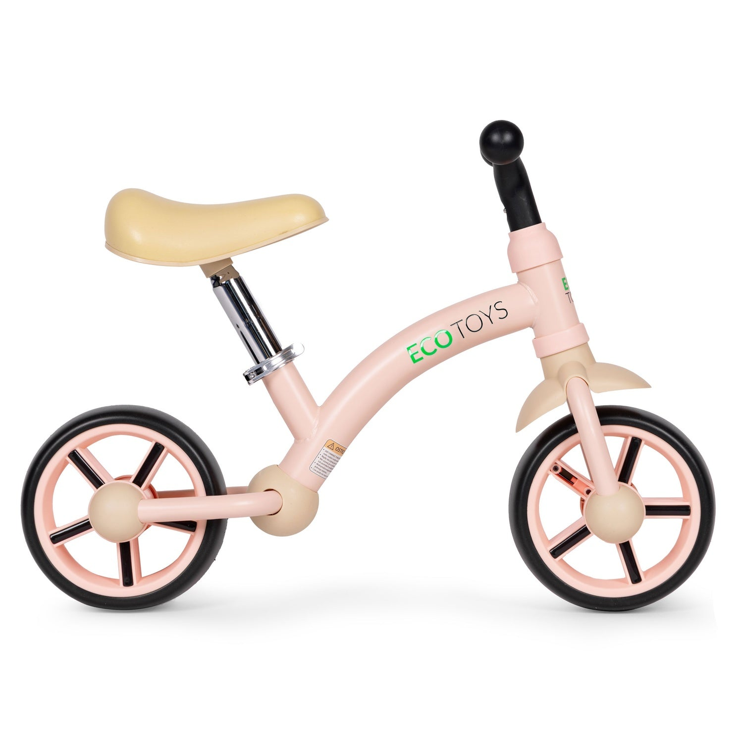 Una bicicleta de equilibrio rosa con neumáticos negros y un asiento color crema. La bicicleta tiene la palabra ECO TOYS en el cuadro.