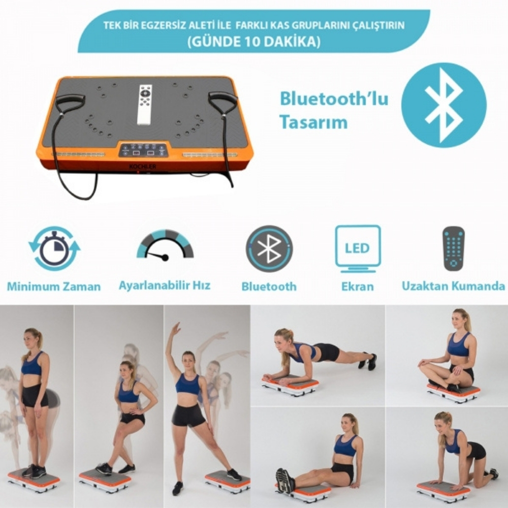Bir kadın tarafından kullanılan turuncu ve gri bir egzersiz makinesi. Uzaktan kumanda, Bluetooth ve diğer faydaları tanıtan simgelere sahiptir.