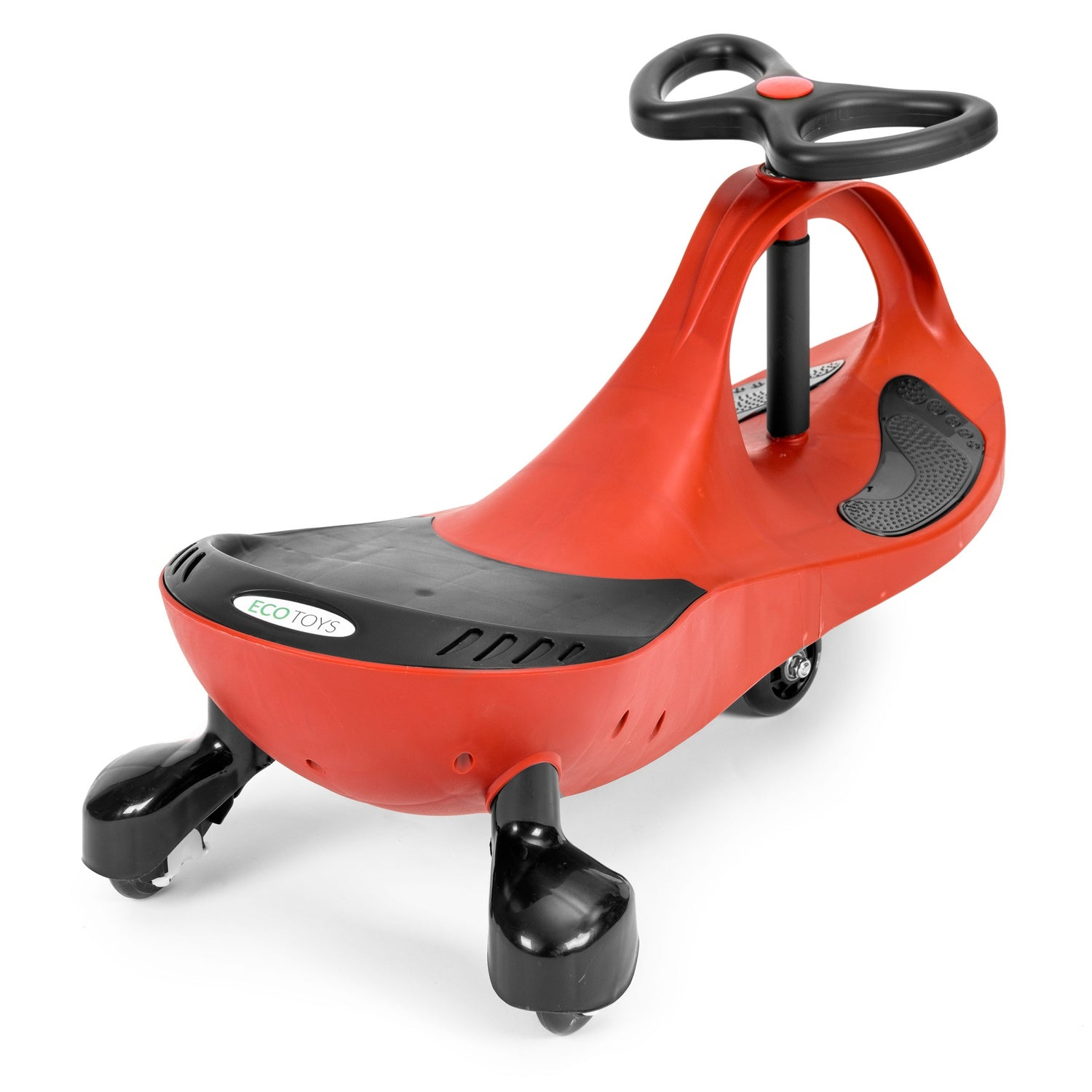 Un coche de juguete Eco Toys rojo y negro. Tiene volante, asiento y ruedas pequeñas. El fondo es blanco.