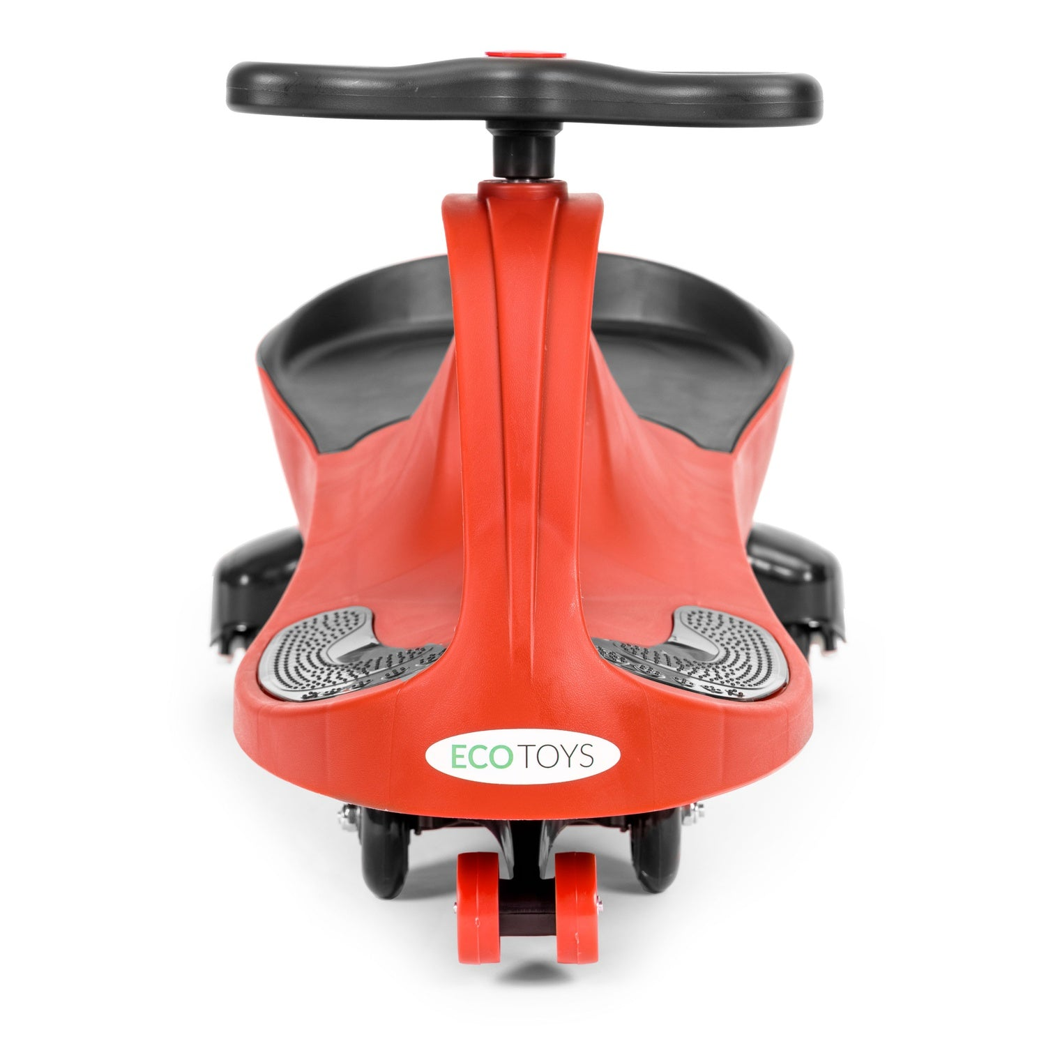 Un coche de juguete Eco Toys rojo y negro se muestra desde una vista frontal. Tiene volante y cuatro ruedas, dos rojas y dos negras.