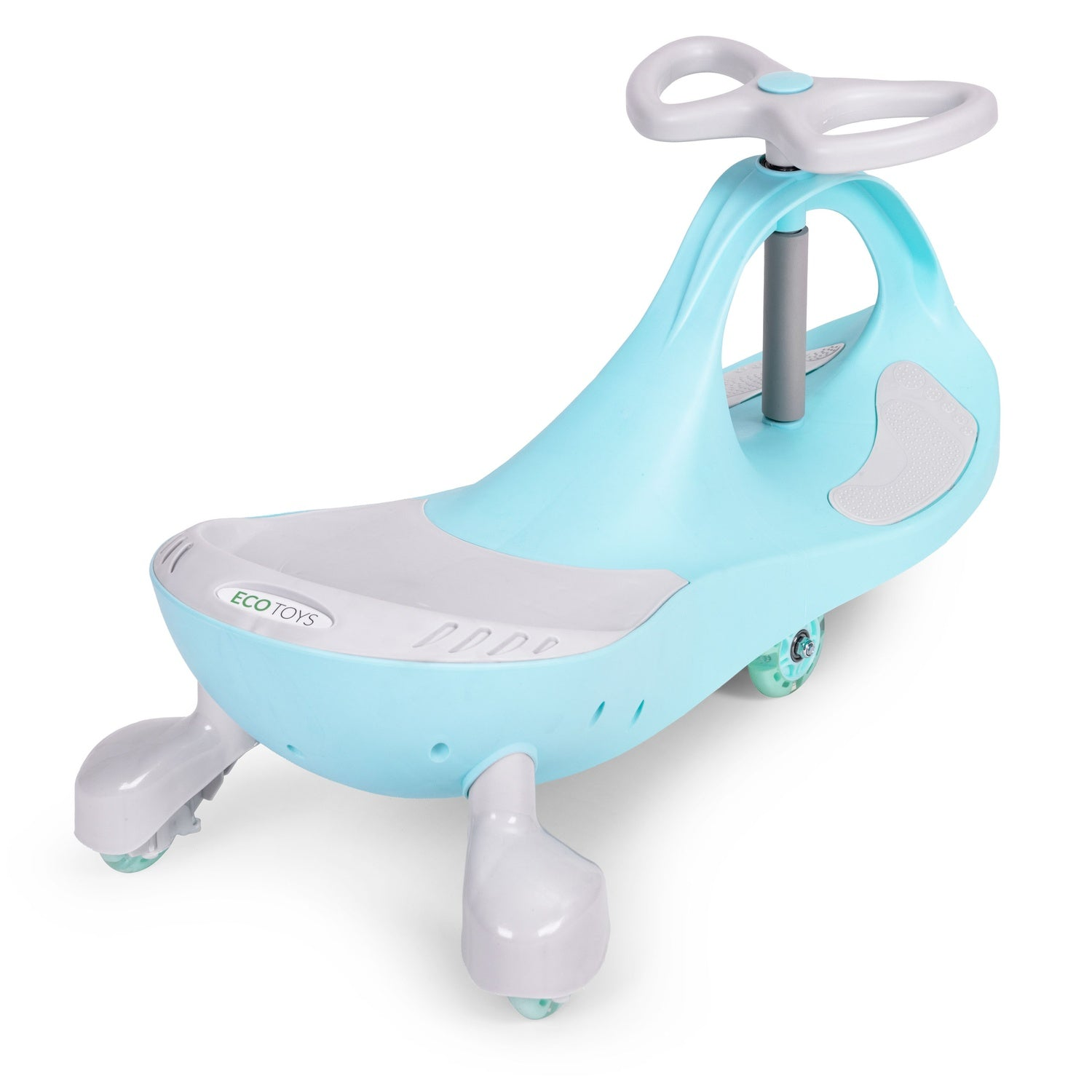 Un cochecito Eco Toys azul claro y gris. Tiene cuatro ruedas, volante y asiento, sobre fondo blanco.