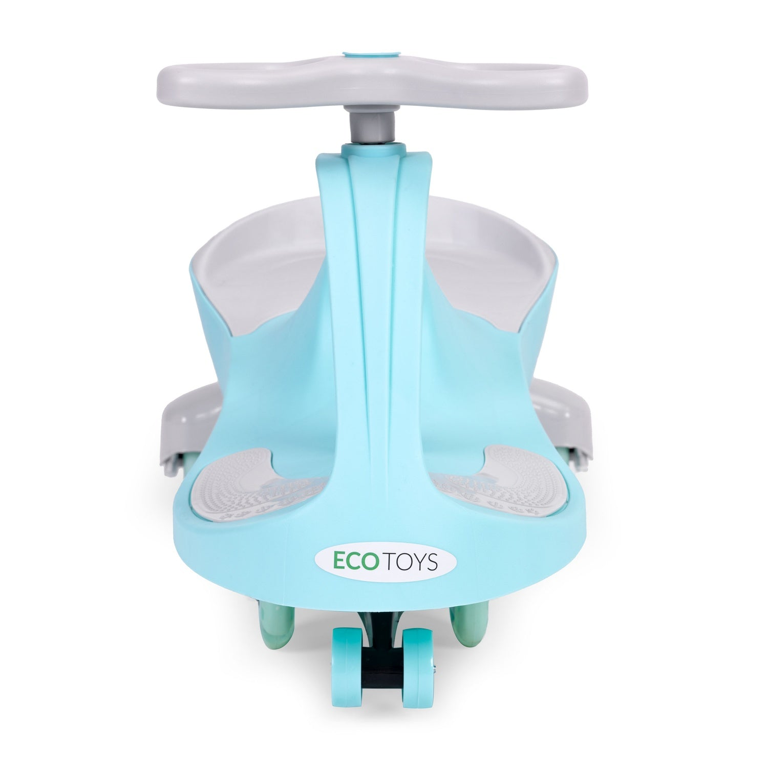 Un juguete Eco Toys azul y gris para montar. Tiene volante, asiento y cuatro ruedas. El fondo es blanco.